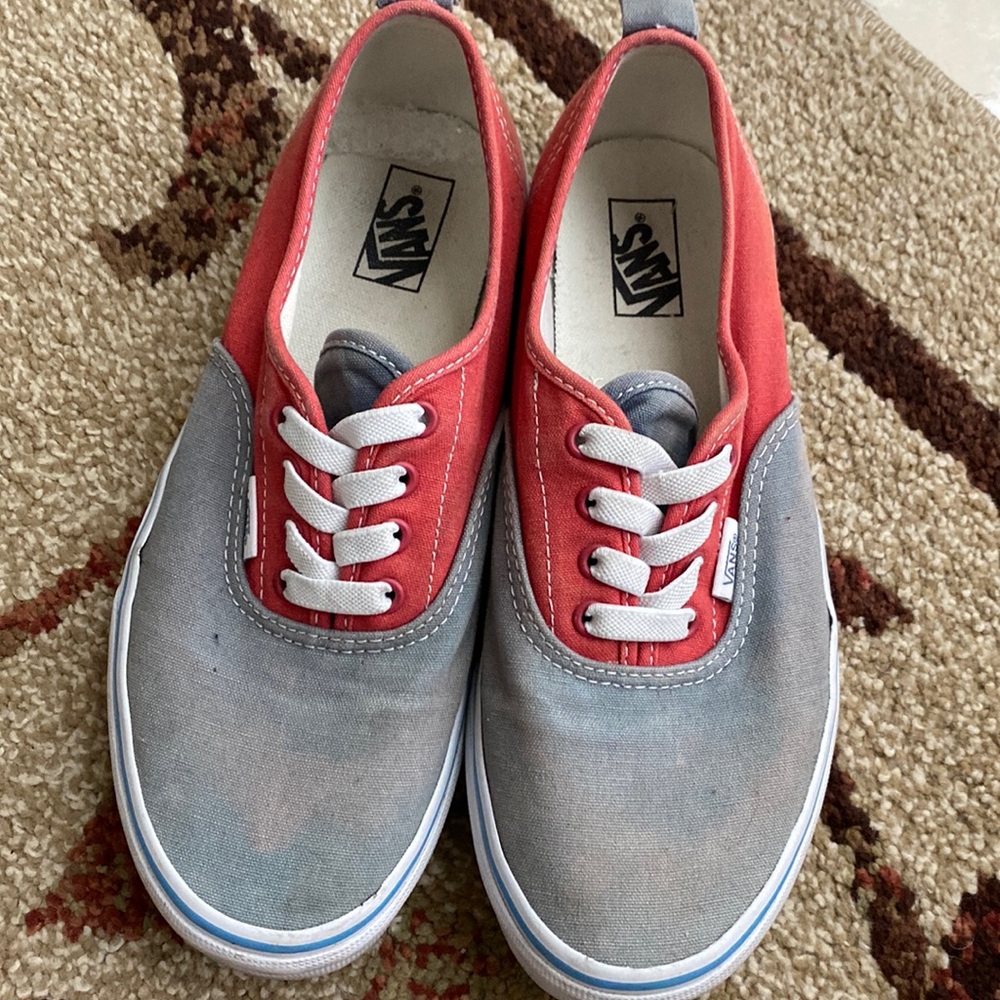 As they look, Vans shoes. Us kids 6.0 . Gray and red color.